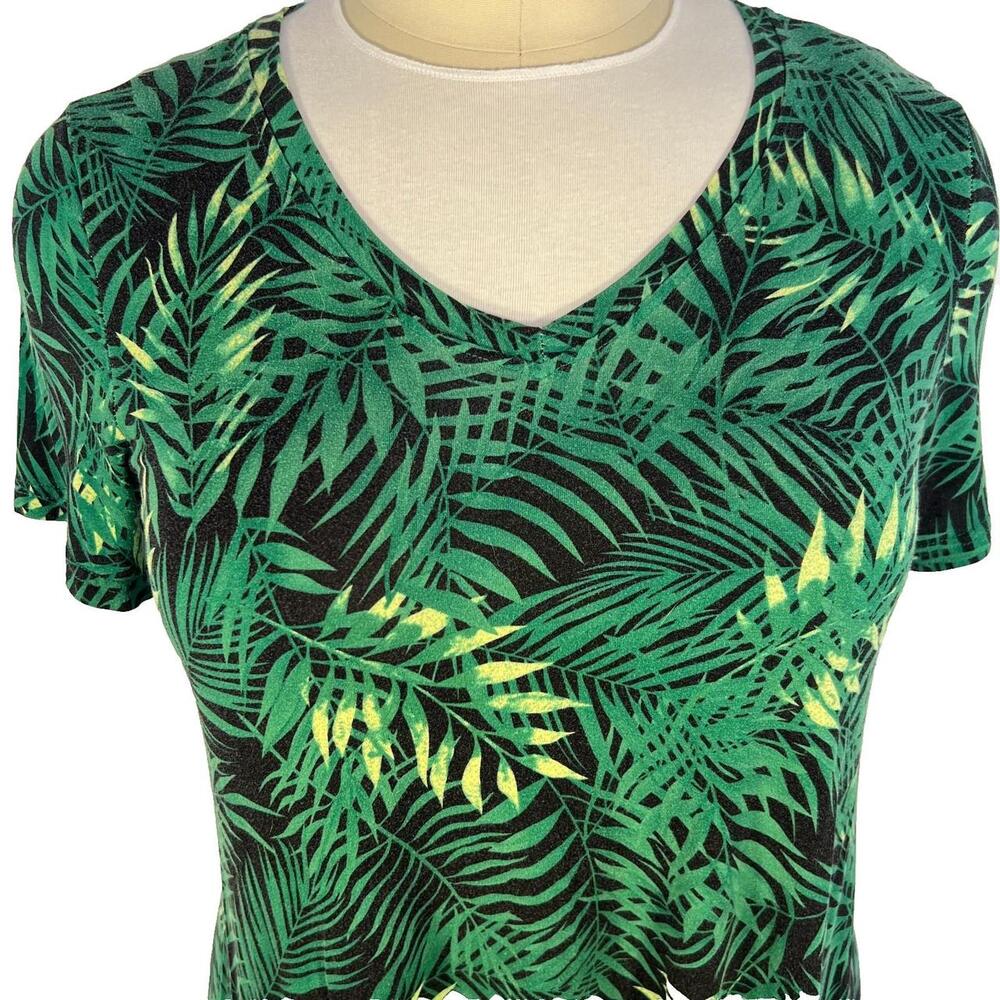 Popyoung - Women's XL Tee Shirt Stretch Green, Black Jungle Tropical Leaf Print - Picture 2 of 8